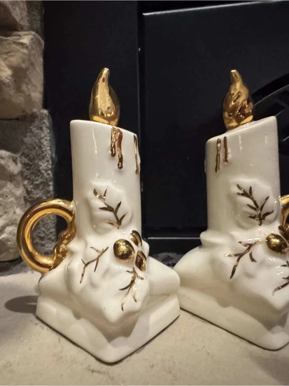 Vintage 1950‘s Christmas Candle Salt & Pepper Shakers Gold & White Ceramic